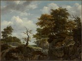 Kunst: Landschap met brug, vee en mensen van Jacob Van Ruisdael. Schilderij op aluminium, formaat is 60x100 CM