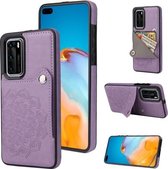 Voor Huawei P40 reliëfpatroon PU + TPU beschermhoes met houder & portemonnee & kaartsleuven (paars)