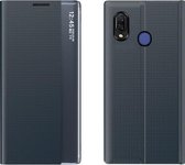 Voor Huawei P30 Lite Zijruit-display Wordt geleverd met slaapfunctie / standaard Effen stoffen flip-telefoonhoes (donkerblauw)
