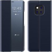Voor Huawei Mate 20 Pro Zijruit-display Wordt geleverd met slaapfunctie / standaard Effen stoffen flip-telefoonhoes (donkerblauw)
