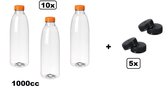 10x Flesje PET helder 1000cc met oranje dop + 5 zwarte doppen - drinken jus sinas cola sappen dranken