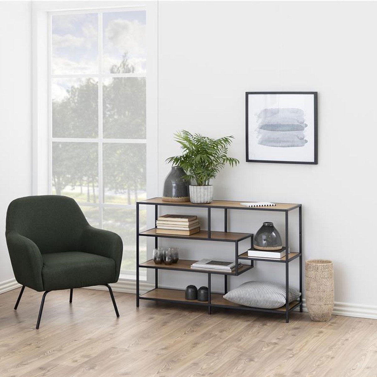 Lisomme Vic Open Kast Naturel - Metalen Frame - Houten Planken - Asymmetrische Vakken - Boekenkast - Industrieel - B 114 cm