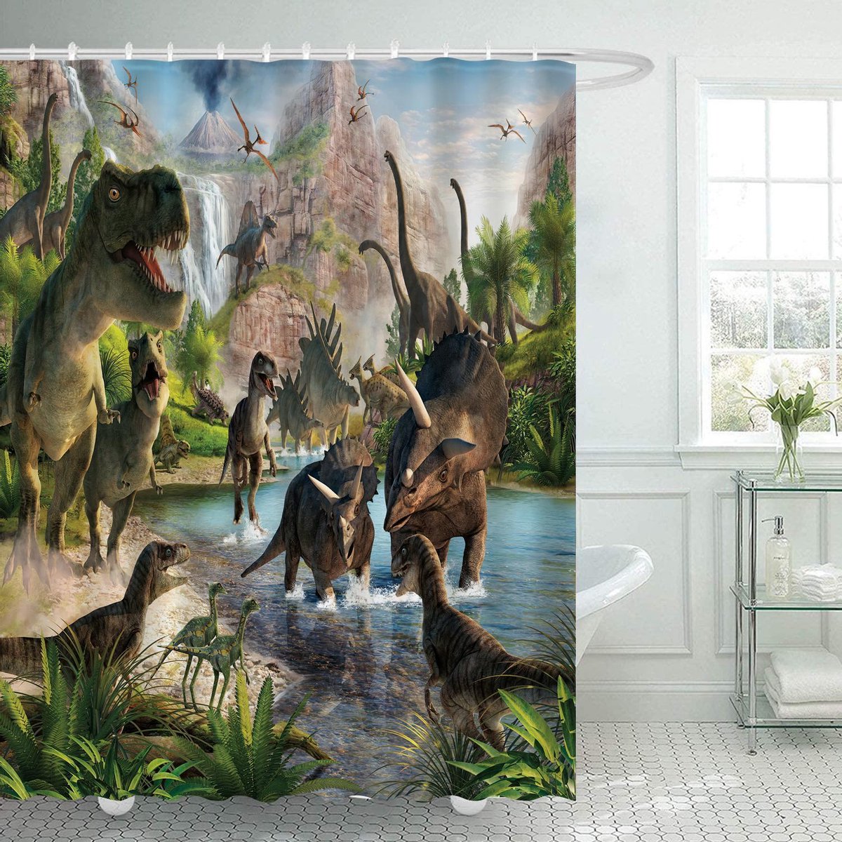 Ulticool Douchegordijn - Dinosaurus Groep T-Rex - 180 x 200 cm - semi Transparant - met 12 Ringen Wit - anti Schimmel - Groen