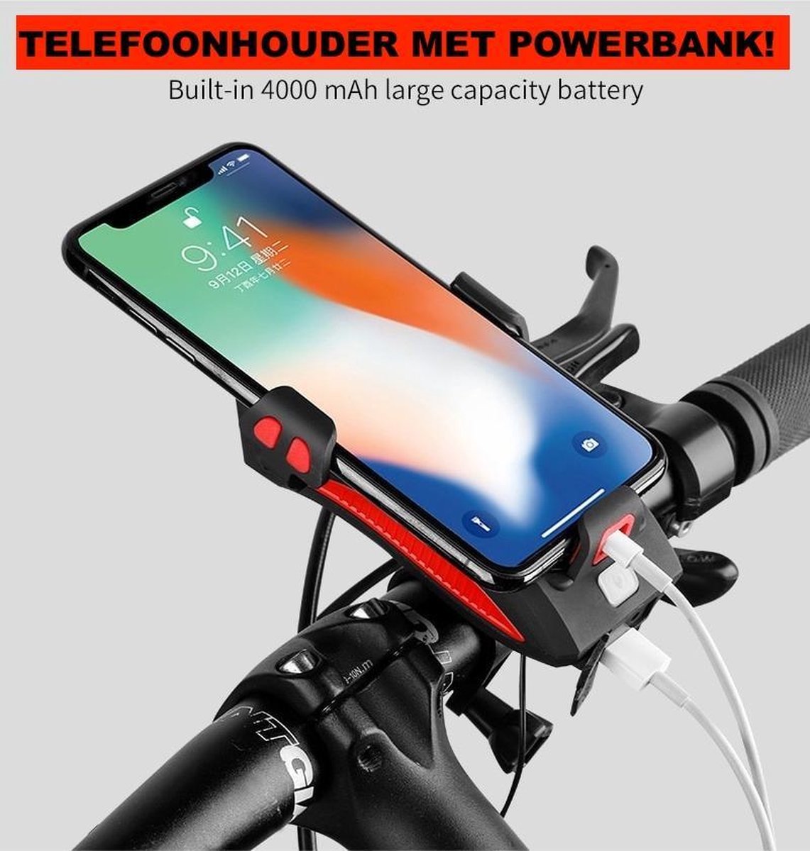 Powerbank fiets telefoonhouder - fiets smartphone houder - telefoonhouder met oplader fiets - 4000 mAh - claxon - koplamp - zwart - Merkloos