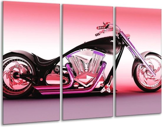 Glasschilderij Motor - Paars, Roze, Zwart - 120x80cm 3Luik - Foto Op Glas - Geen Acrylglas Schilderij - GroepArt 6000+ Glas Art Collectie - Maatwerk Mogelijk