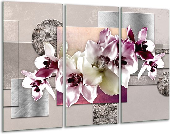 GroepArt - Schilderij -  Orchidee, Bloemen - Paars, Grijs - 120x80cm 3Luik - 6000+ Schilderijen 0p Canvas Art Collectie