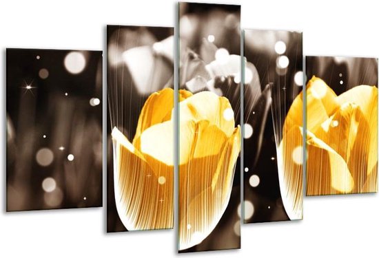 Glasschilderij Tulp - Geel, Grijs, Wit - 170x100cm 5Luik - Foto Op Glas - Geen Acrylglas Schilderij - 6000+ Glasschilderijen Collectie - Wanddecoratie