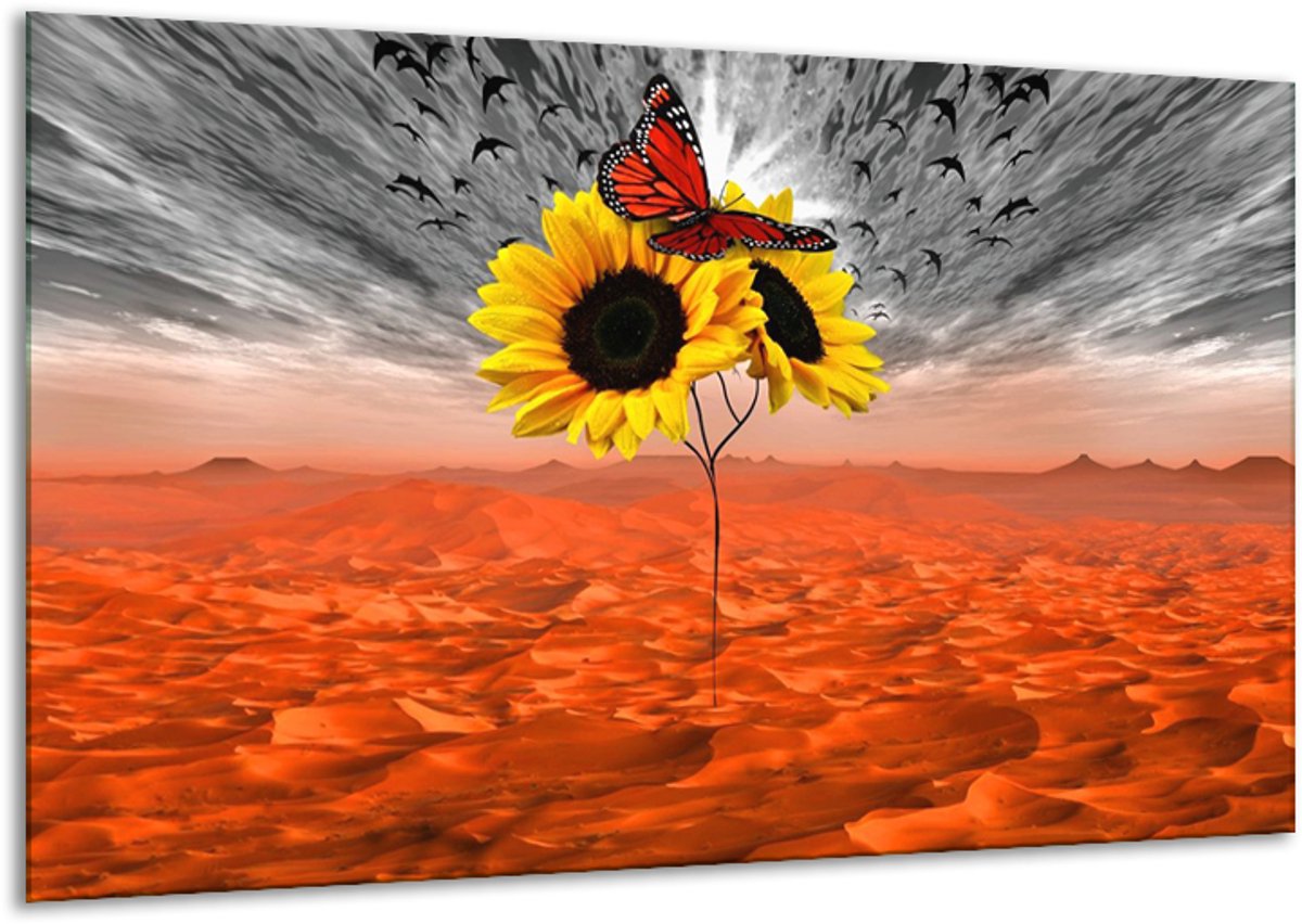 Glasschilderij Zonnebloem - Oranje, Grijs, Geel - 120x70cm 1Luik - Foto Op Glas - Geen Acrylglas Schilderij - GroepArt 6000+ Glasschilderijen Art Collectie - Wanddecoratie - Woonkamer - Slaapkamer