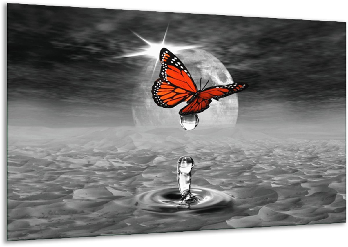 Glasschilderij Vlinder - Rood, Grijs, Wit - 120x70cm 1Luik - Foto Op Glas - Geen Acrylglas Schilderij - GroepArt 6000+ Glasschilderijen Art Collectie - Wanddecoratie - Woonkamer - Slaapkamer