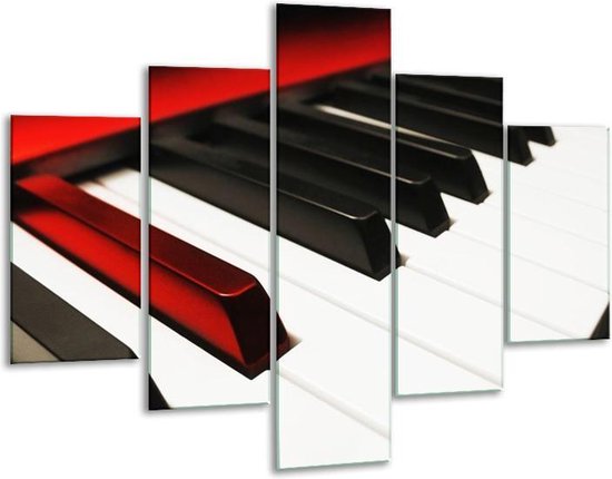 Glasschilderij -  Piano - Zwart, Wit, Rood - 100x70cm 5Luik - Geen Acrylglas Schilderij - GroepArt 6000+ Glasschilderijen Collectie - Wanddecoratie- Foto Op Glas