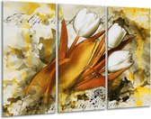 GroepArt - Schilderij -  Tulpen - Wit, Bruin, Geel - 120x80cm 3Luik - 6000+ Schilderijen 0p Canvas Art Collectie