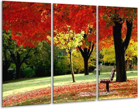 GroepArt - Schilderij -  Park - Rood, Geel, Groen - 120x80cm 3Luik - 6000+ Schilderijen 0p Canvas Art Collectie
