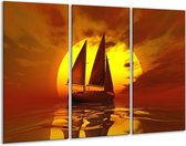 GroepArt - Schilderij -  Zeilboot - Geel, Rood, Bruin - 120x80cm 3Luik - 6000+ Schilderijen 0p Canvas Art Collectie