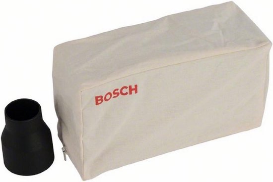 Bosch stofzak, beige met rode opdruk en zwarte aansluitadapter