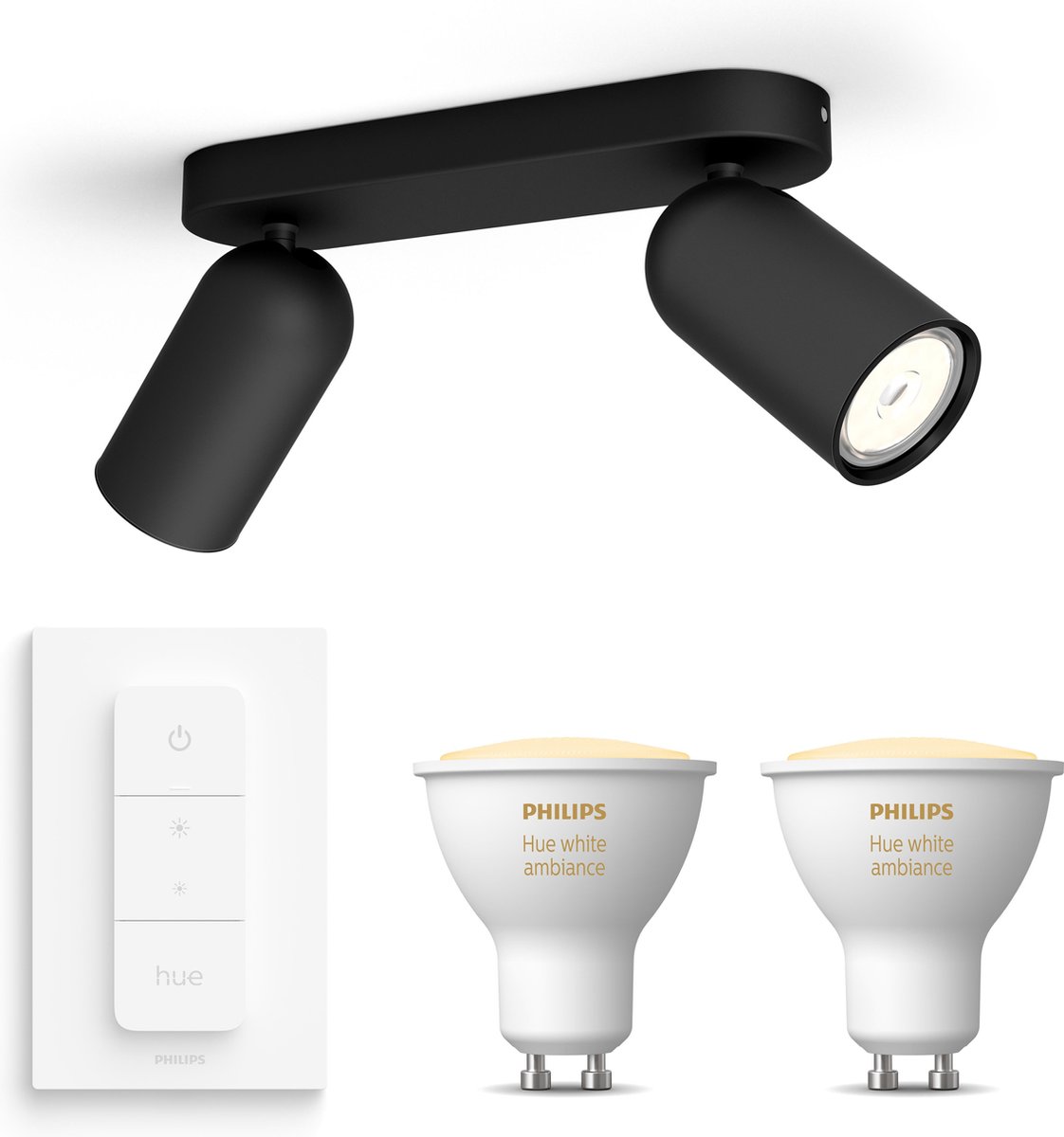 Philips myLiving Pongee Opbouwspot Zwart - 2 Lichtpunten - Spotjes Opbouw Incl. Philips Hue White Ambiance GU10 & Dimmer - Bluetooth