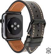 Q-Desyn® Apple Watch bandje 42 mm - 44 mm - 45 mm - Leer - Zwart - Zwarte RVS gesp