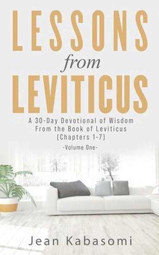 Boekomslag: 'Lessons from Leviticus' met beige letters en interieurfoto van een witte bank en plant.