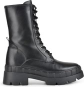 PS Poelman Dames - NORA Leren Chunky Hoge Veter Laarzen met Ritssluiting - Zwart - Maat 37
