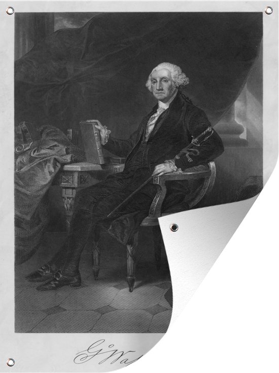Muurdecoratie buiten Een illustratie van George Washington in een stoel - 120x160 cm - Tuindoek - Buitenposter