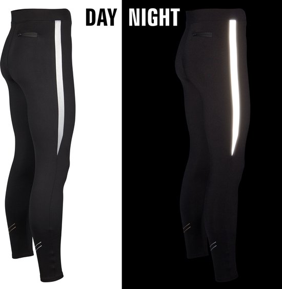 Zwarte sportbroek voor heren met reflecterende streep op de zijkant, ook zichtbaar in het donker.
