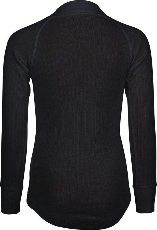 Achterkant van zwart thermoshirt met lange mouwen, met verticale ribbels.