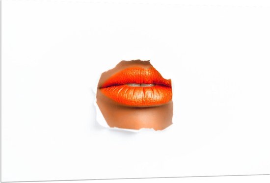 Forex - Oranje gesloten Lippen door Papier - 120x80cm Foto op Forex