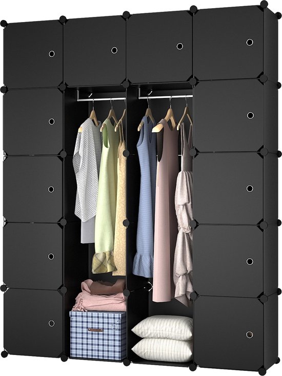 Lowander 4x5 vakkenkast 'Brescia' zwart 180x140 cm - kunststof kledingkast met hangruimte / roomdivider afsluitbaar
