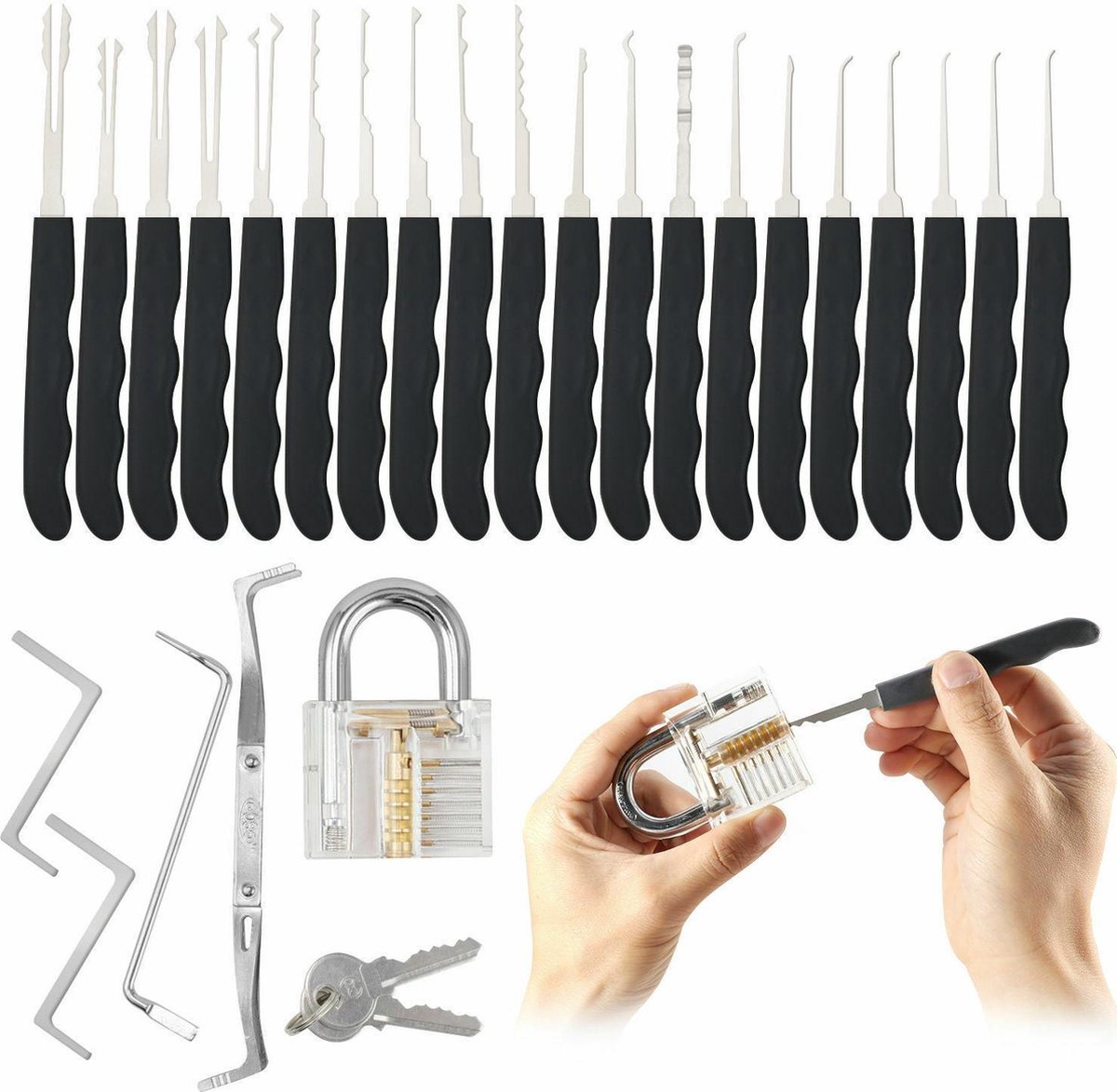 34 delige lockpick set voor beginners en gevorderden met 2x oefenslot een opberghoes en opberg doosjes - lockpicking set - survival kit - gereedschapset - vaderdag cadeau - doorzichtig slot transparant — cadeau in Hobby - foto 5