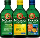 Möller's Omega-3 Levertraan Testpakket - 3x 250ml - Citroen, Naturel, Tutti Frutti - Familiepakket - Omega-3 met vitamine A, D en E - Pure Levertraan uit Noorwegen - Visolie van wi