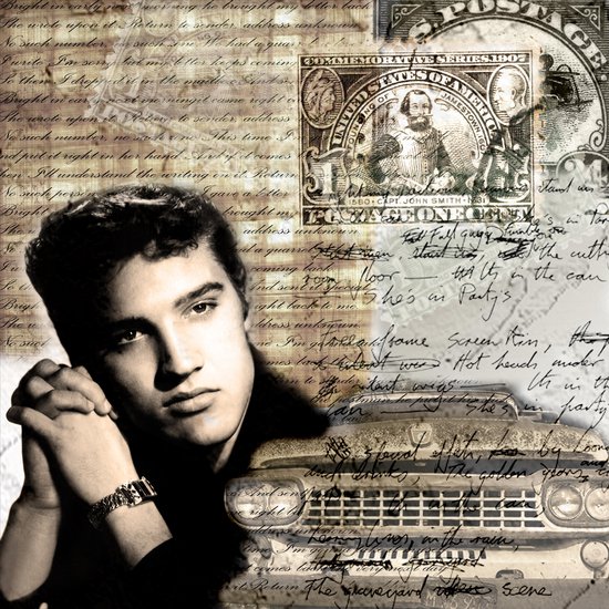 Tuinposter - Filmsterren / Retro - Elvis Presley / Collage in wit / beige / taupe / creme /zwart - 100 x 100 cm.