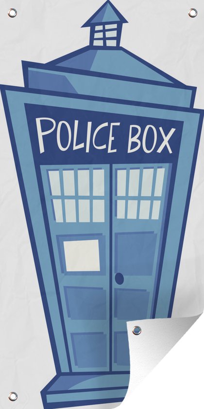 Tuinposter Kinderillustratie van een blauwe politie box - 30x60 cm - Tuindoek - Buitenposter