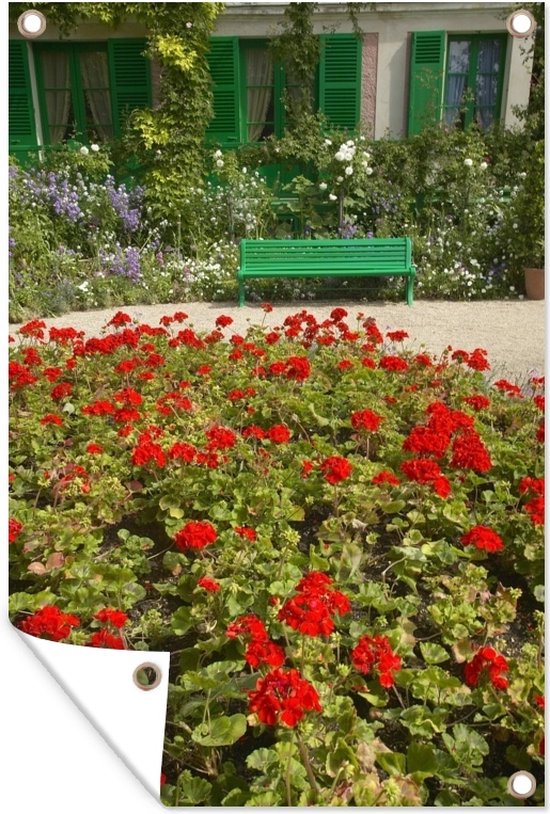 Tuinposter - Tuindoek - Tuinposters buiten - Bankje met bloemen in de Franse tuin van Monet in Europa - 80x120 cm - Tuin