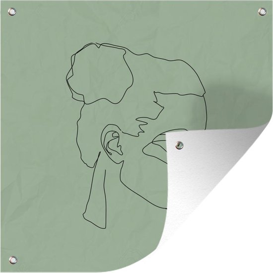 Illustration femme avec chignon sur fond vert affiche de jardin toile en vrac 100x100 cm - Toile de jardin / Toile d'extérieur / Peintures pour l'extérieur (décoration de jardin)