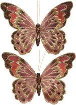 6x stuks decoratie vlinders op clip glitter bruin 18 cm - Bruiloftversiering/kerstversiering decoratievlinders