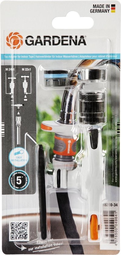GARDENA kraanadapter verpakking met oranje en grijze onderdelen, instructietekeningen en 'MADE IN GERMANY' logo.