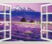 Muursticker | 3D | vinyl | kamer | raam| natuur | bergen | lavendel | uitzicht |1 van 20 soorten