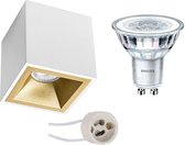 PHILIPS - Opbouwspot Set - CorePro 840 36D - Primux Cliron Pro - GU10 Fitting - Dimbaar - Opbouw Vierkant - Mat Wit/Goud - 5W - Natuurlijk Wit 4000K - Verdiept - 90mm