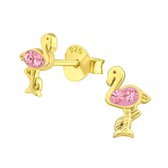 Oorbellen meisje zilver | Gold plated oorstekers flamingo met roze kristal