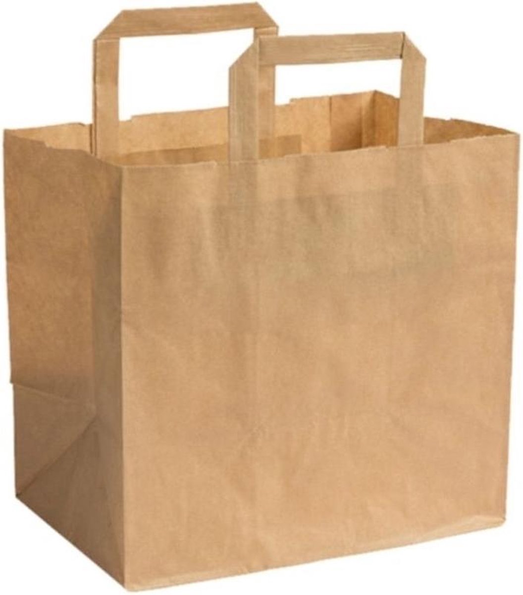 Draagtassen Papier - Bruin - 32+20x29 cm - Take Away - Extra Brede Bodem - 200 Stuks