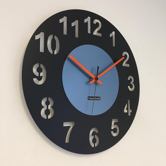 HORLOGE MURALE AMSTERDAM CERCLE BLACK ET BLEU ICE -- POINTEURS ORANGE -- DESIGN HOLLANDAIS MODERNE