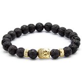 Victorious Natuurstenen Kralen Armband – Heren Armband – Dames Armband – Gouden Buddha – Zwart – 17cm