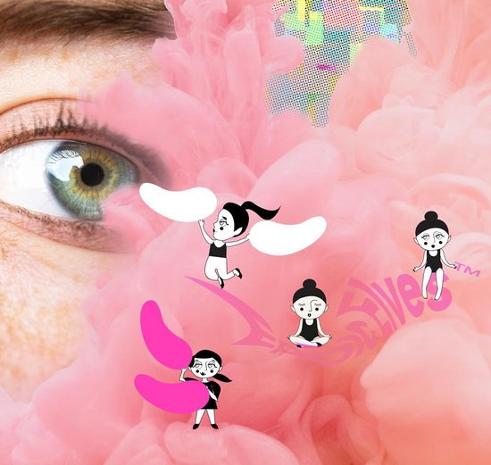 Een close-up oog met roze rook, oogpatches, en cartoonfiguren, met de tekst 'Epic Elves'.