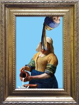 Grappige kunst in het klein - Meisje met de Parel en het Melkmeisje Vermeer popart - ingelijst 15x20cm