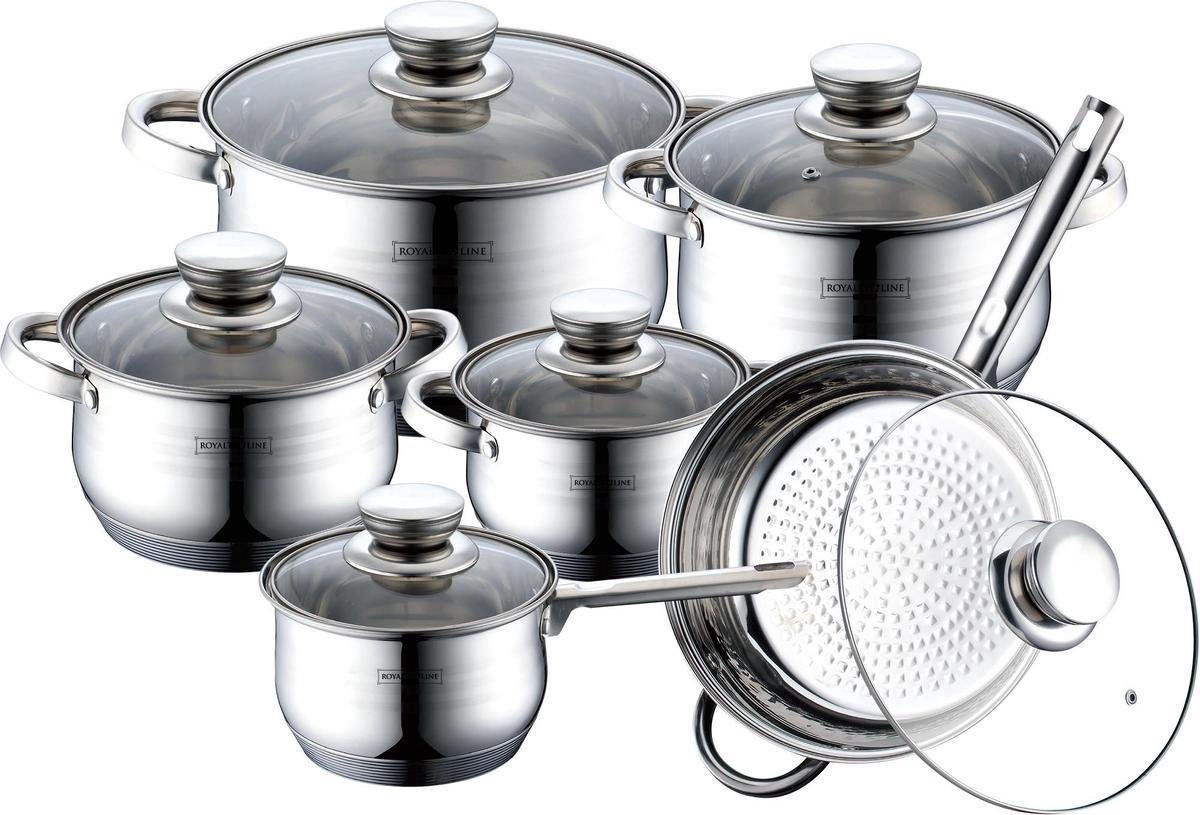 Royalty line Pannenset - Kookpotten - Inductie Pannenset - Geschikt Voor Alle Warmtebronnen - Pannen Met Glazen Deksel - Koekenpan Inductie - 12 Delig RVS Pannen - RL1231