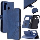 Voor Samsung Galaxy A21 Stiksels Stijl 2-Kleur Koe Textuur Horizontale Flip PU Lederen Case met Houder & Kaartsleuf & Lanyard (Blauw)