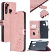 Voor Samsung Galaxy A21 US Versie Stiksels Stijl 2-Kleur Koe Textuur Horizontale Flip PU Lederen Case met Houder & Kaartsleuf & Lanyard (Rose Goud)