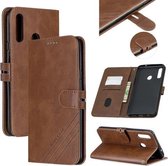 Voor Samsung Galaxy A20s Stiksels Stijl 2-Kleur Koe Textuur Horizontale Flip PU Lederen Case met Houder & Kaartsleuf & Lanyard (Bruin)