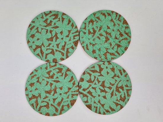 Onderzetters met bloemenprint PAULA - Blauw / Bruin - Rond  - Kurk  - Set van 4