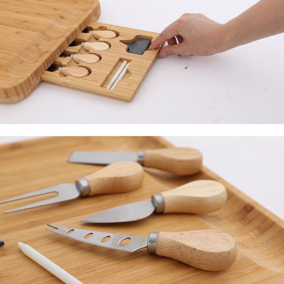 Luxe XL Kaasplank met Lade en Inclusief 4-delige Kaas Messen Set - Kaas Serveerplank - Bamboe Kaasplank met messen — cadeau in Kookcadeaus - foto 2