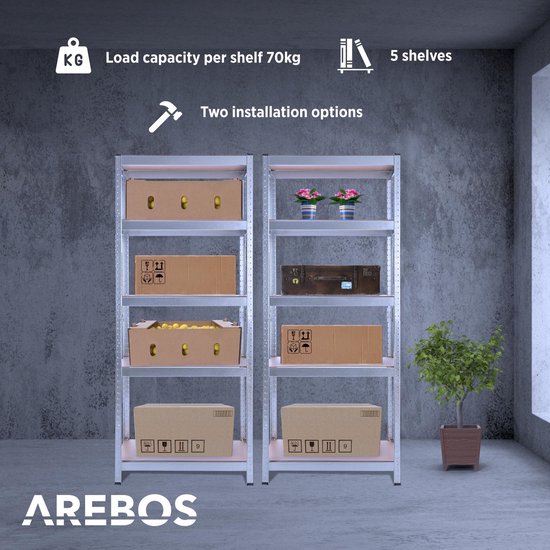 AREBOS stellingkasten met informatie over draagkracht en aantal planken, in een industriële setting.